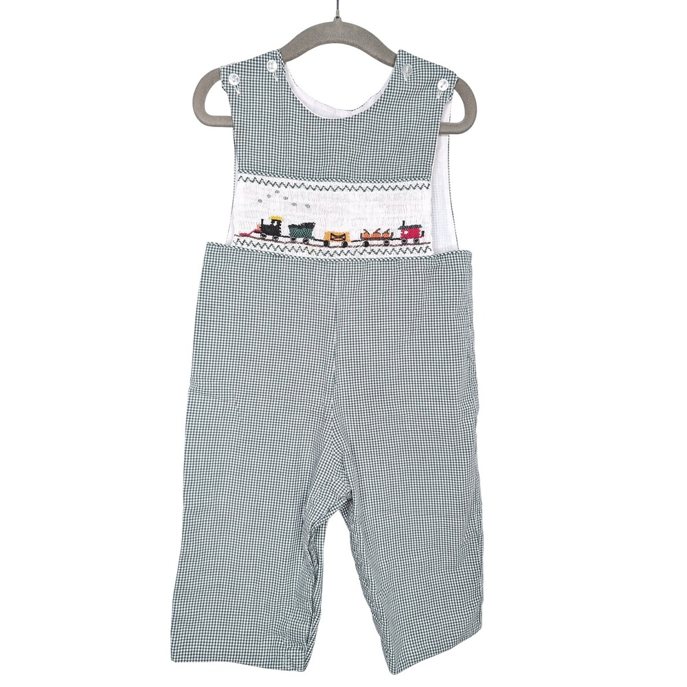 Cupcake Originals Green Gingham Smocked Train Longall Overalls 18M Vintage Style